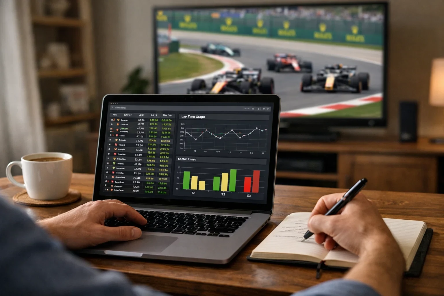 Person analysiert Motorsportdaten während eines Rennens im Fernsehen