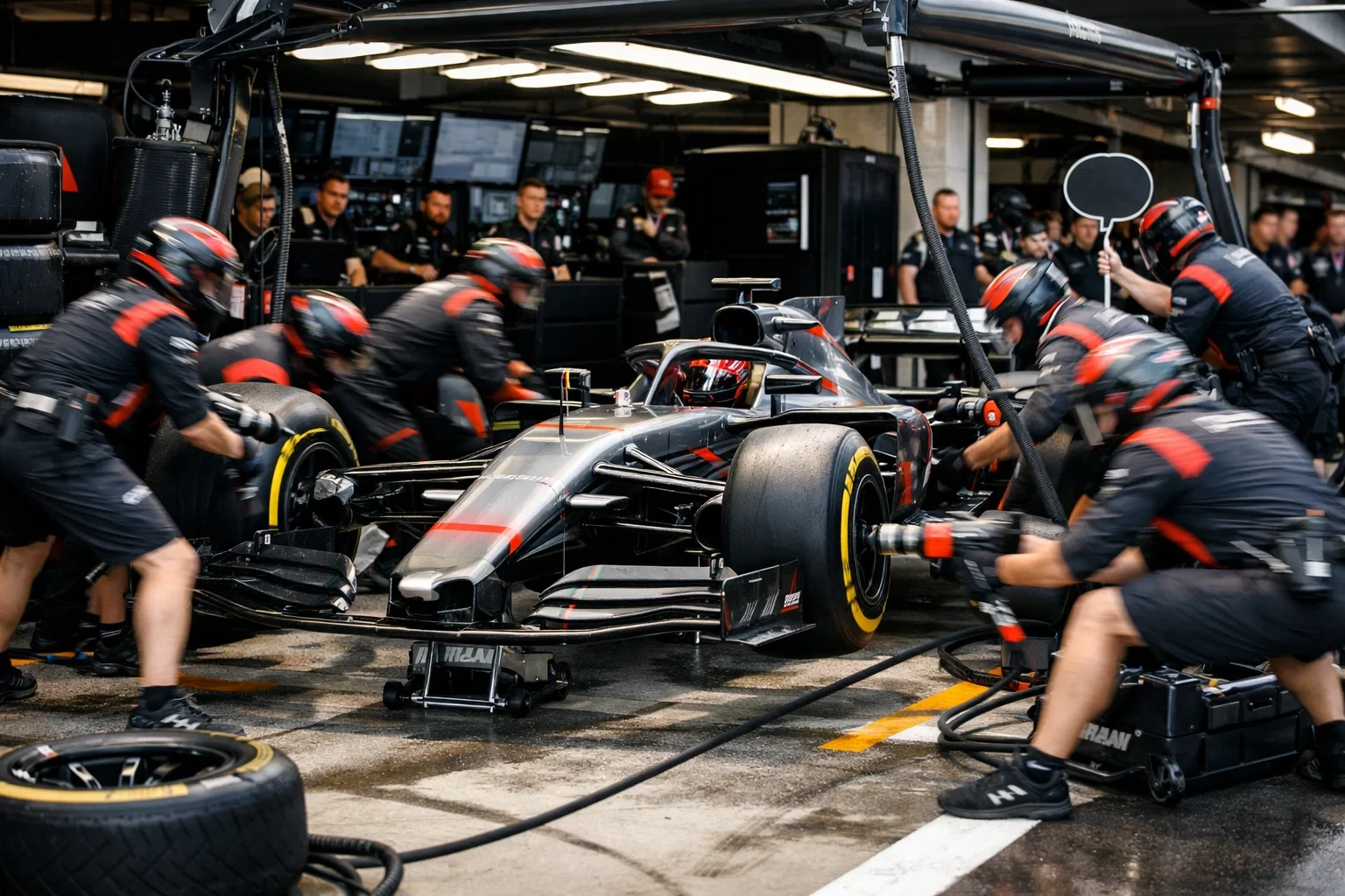 Formel 1 Boxenstopp mit Mechanikern beim Reifenwechsel