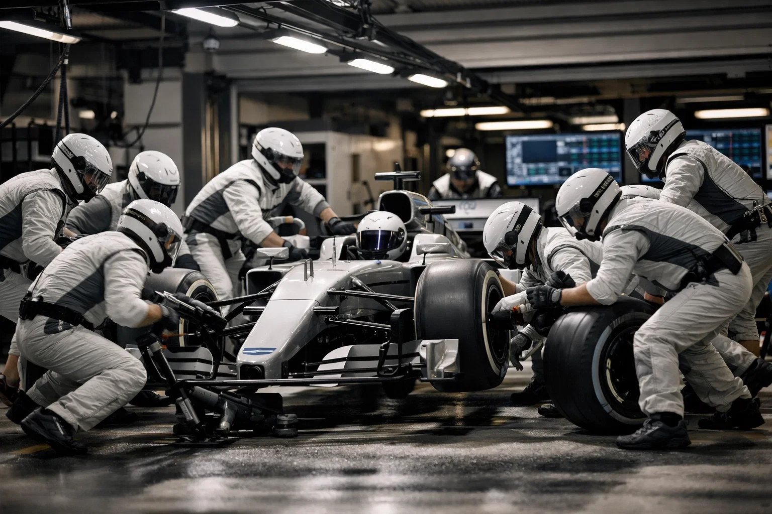 Formel 1 Boxenstopp mit präziser Teamarbeit - Reifenwechsel in Sekundenbruchteilen