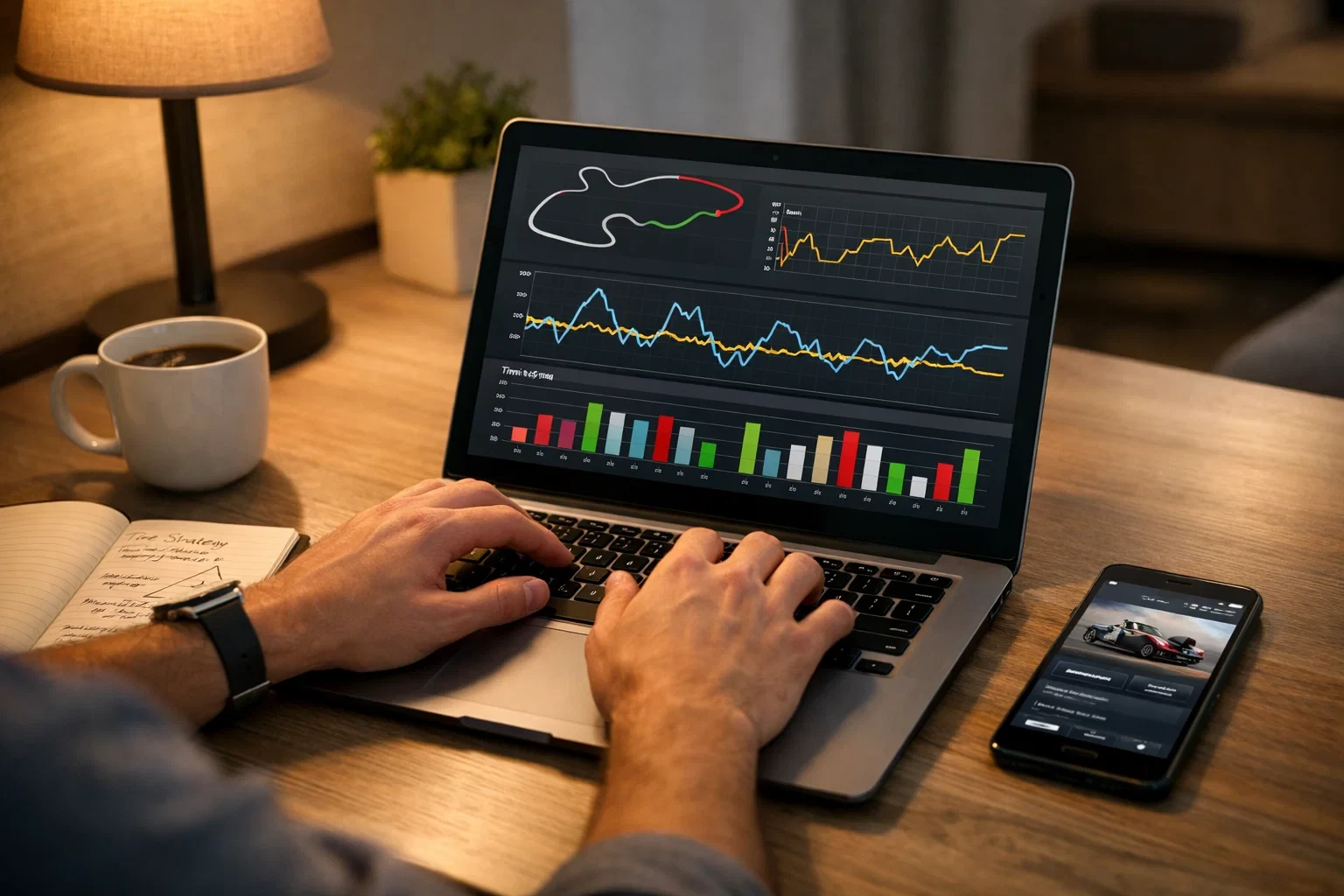 Analyse von Formel 1 Renndaten und Statistiken am Laptop für strategische Wettentscheidungen