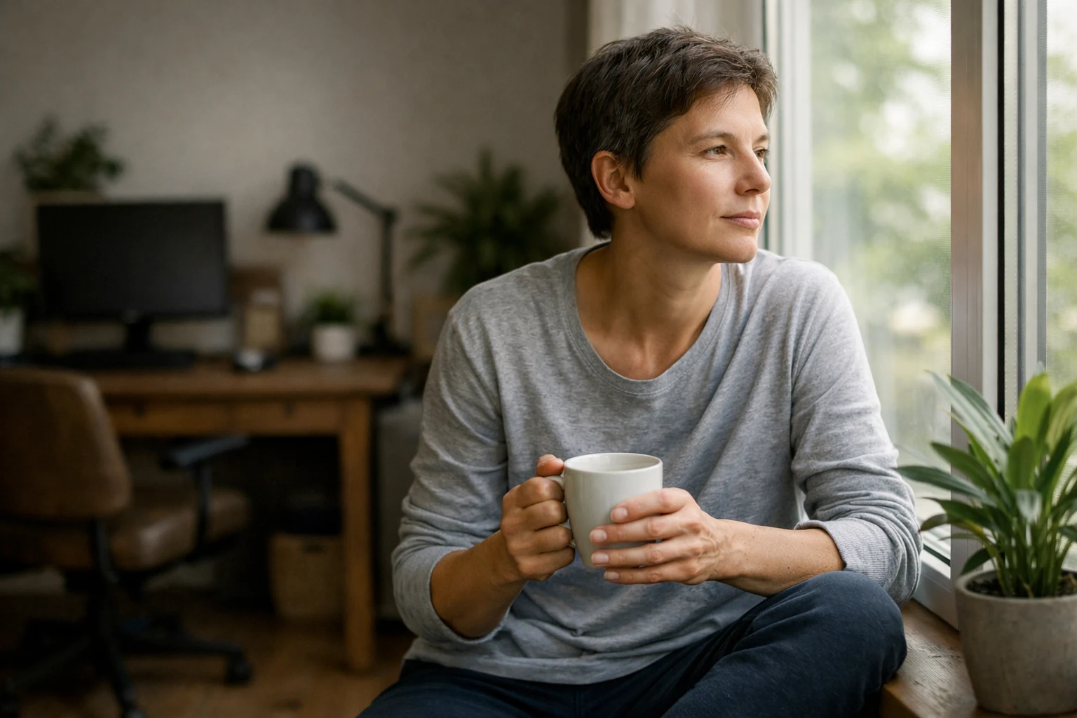 Ruhige Person bei einer nachdenklichen Pause am Fenster