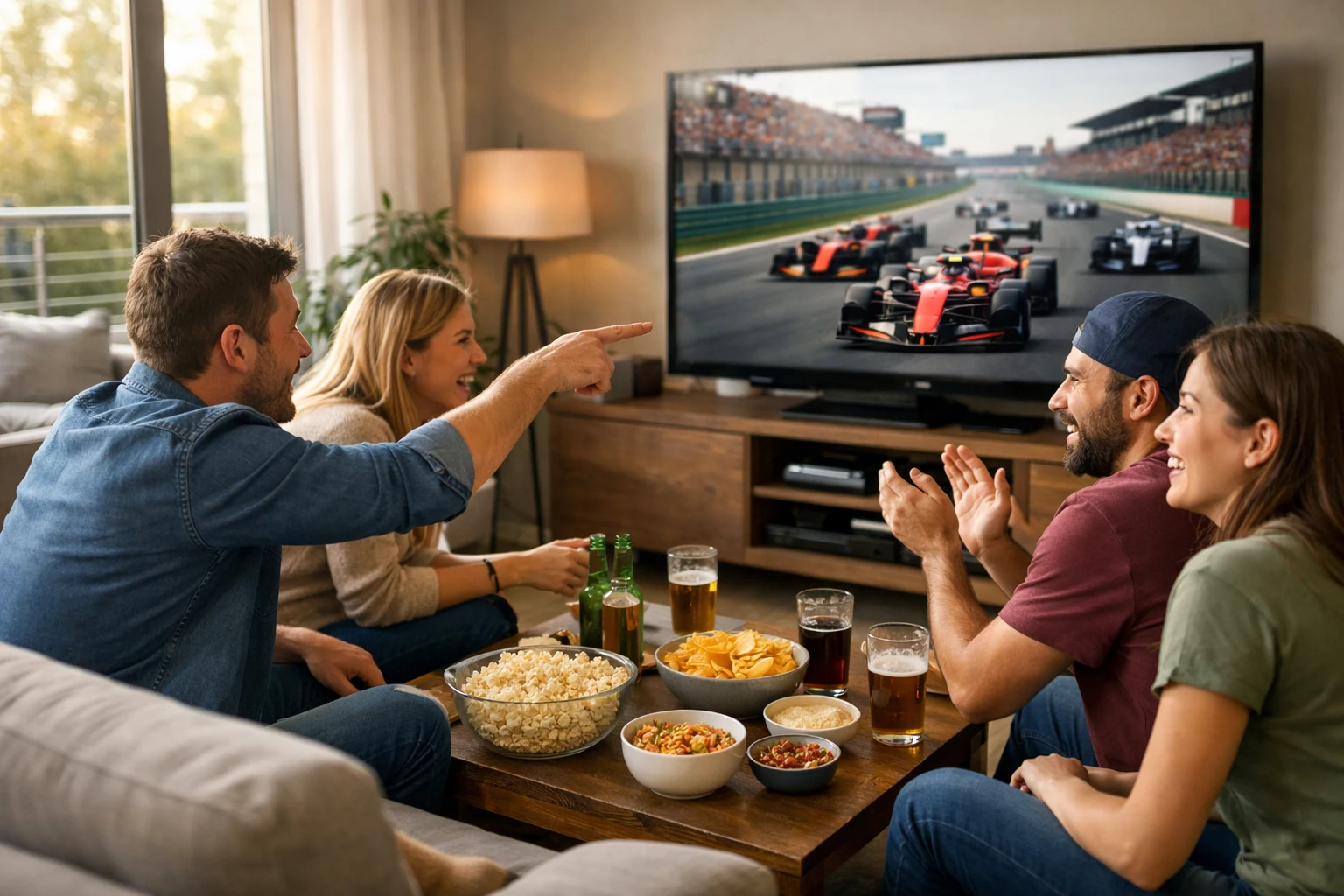 Freunde schauen gemeinsam ein Formel 1 Rennen im Wohnzimmer