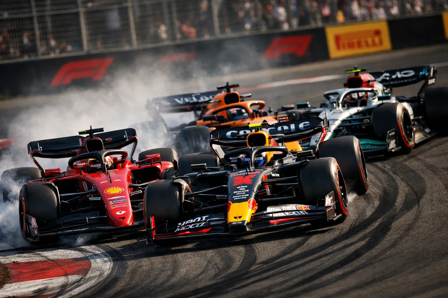 Mehrere Formel 1 Rennwagen kämpfen um die Position in einer Kurve