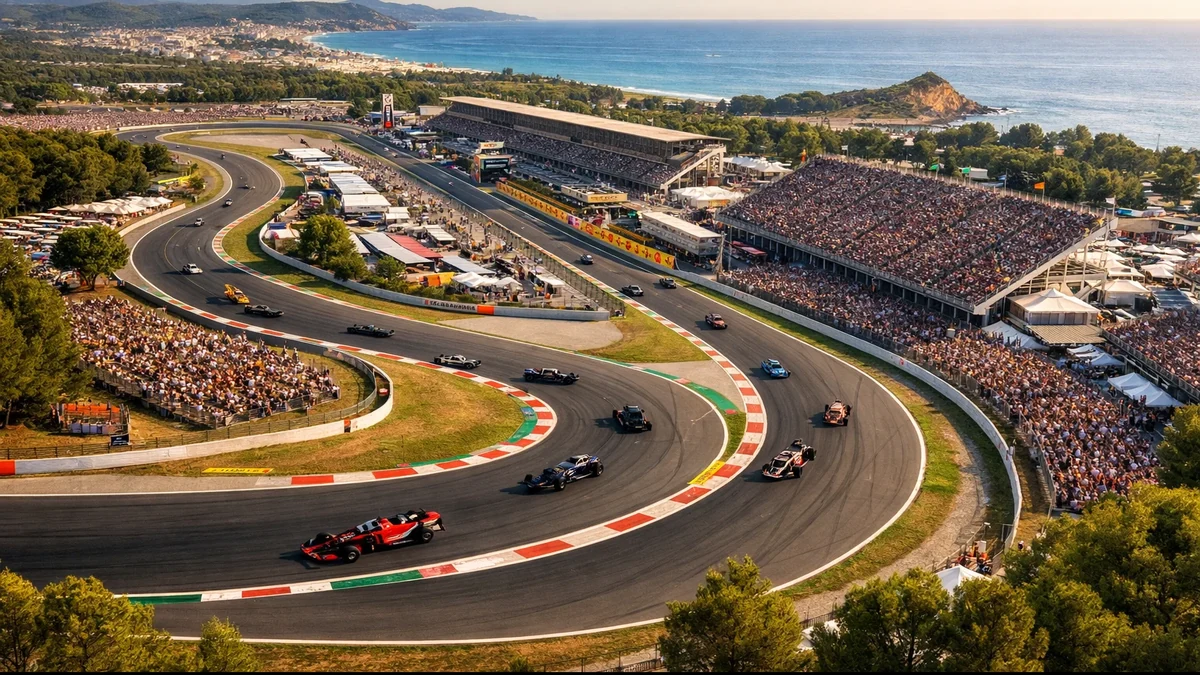 Luftaufnahme einer ikonischen Formel 1 Rennstrecke während eines Grand Prix