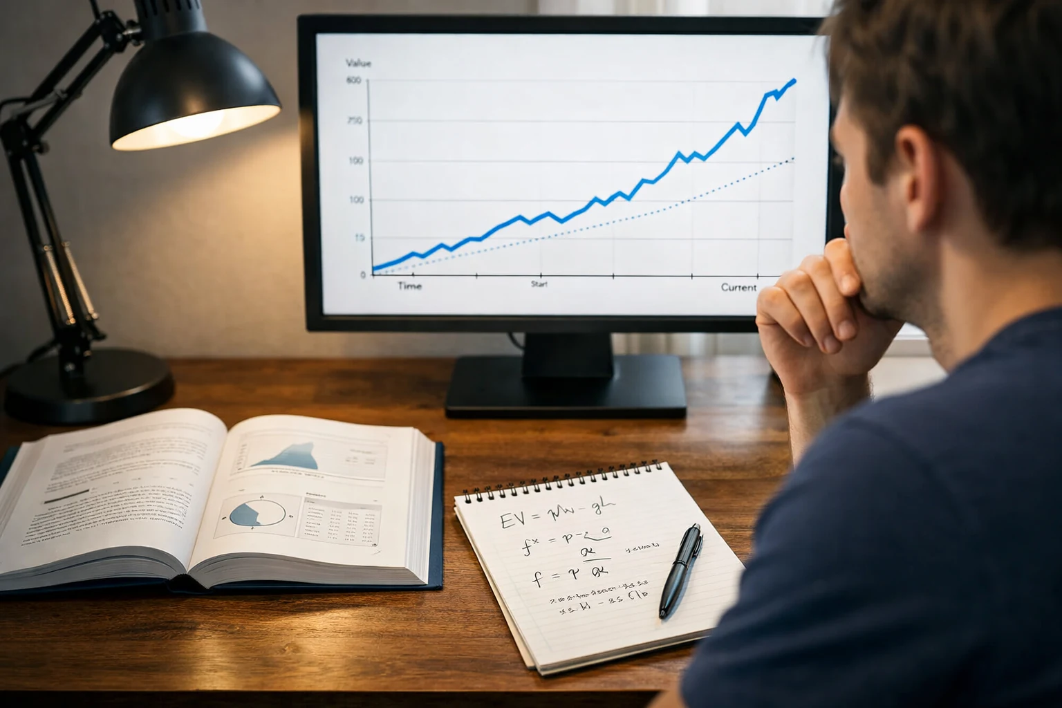 Person studiert analytische Inhalte mit Wachstumsgrafik am Monitor