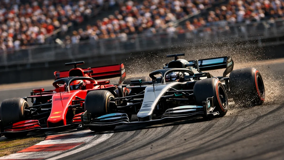 Intensiver Überholvorgang zwischen zwei Formel 1 Rennwagen