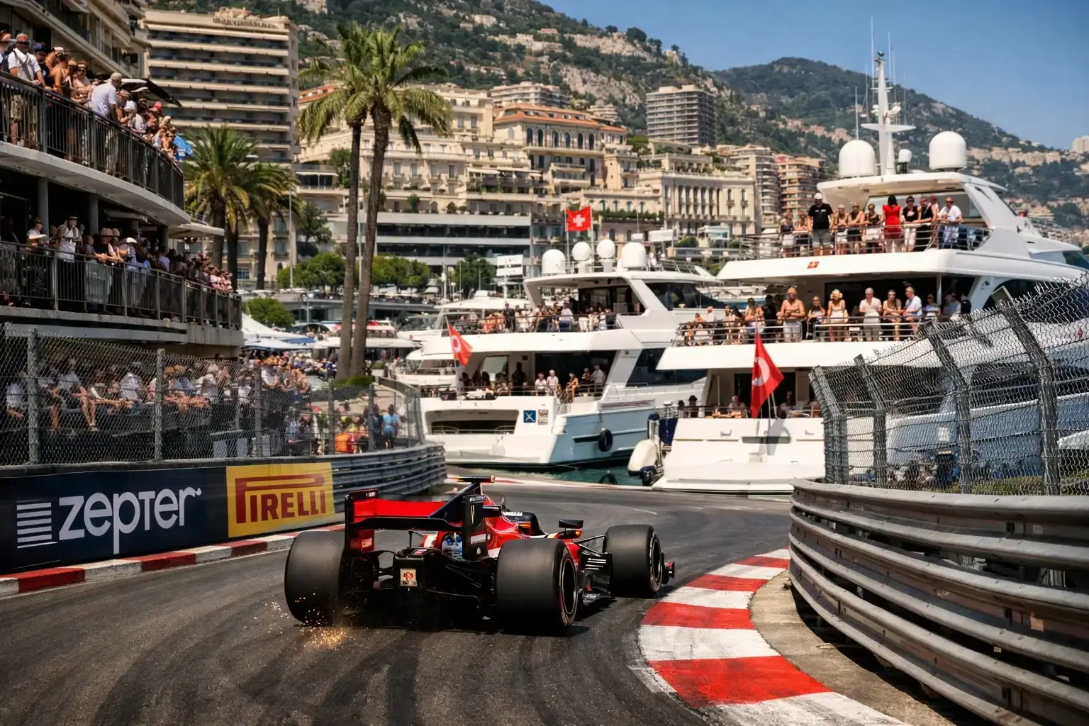 Formel 1 Wagen rast durch die Hafensektion von Monaco