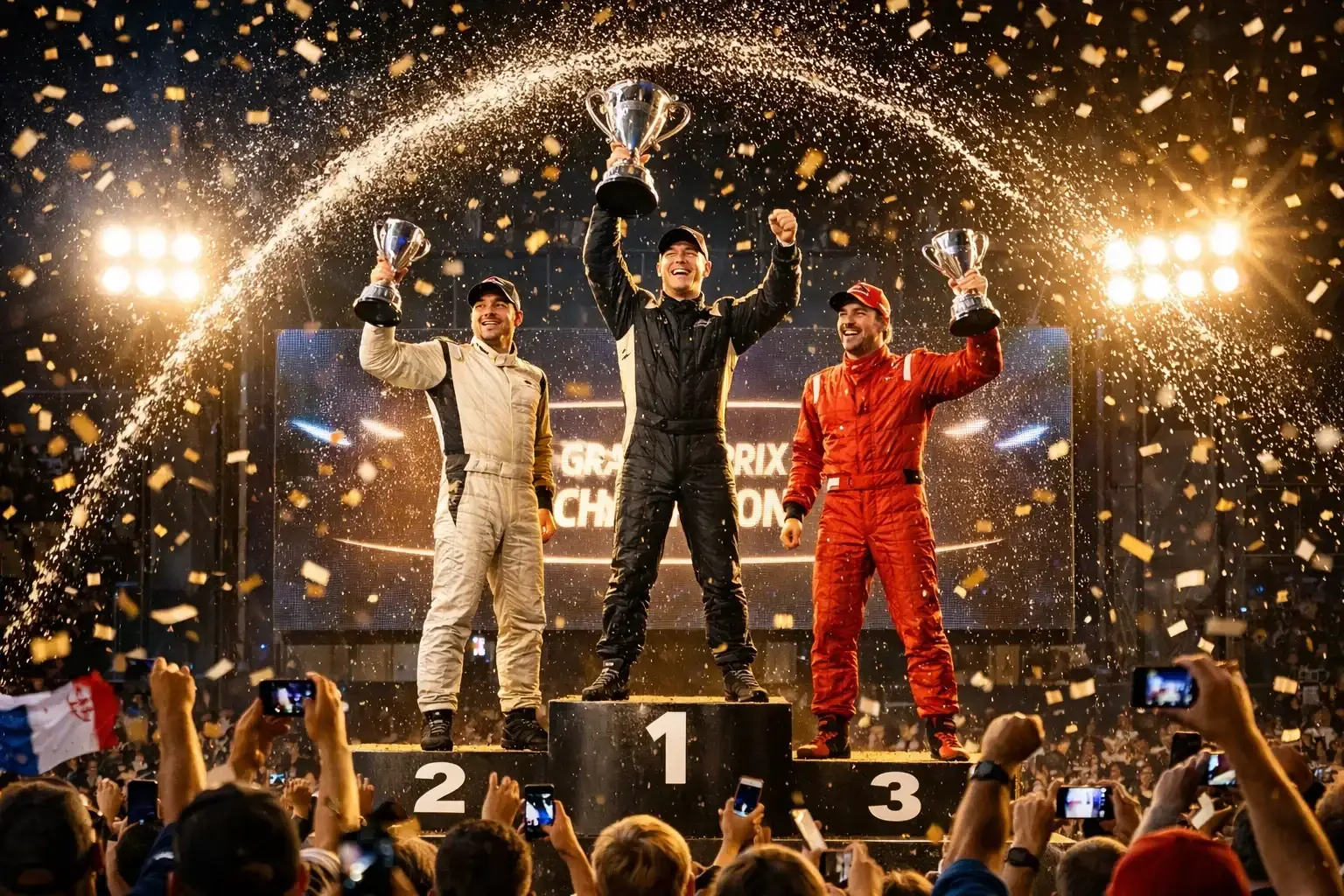 Formel 1 Siegerehrung auf dem Podium mit Champagner-Feier - Weltmeister-Wetten Ziel