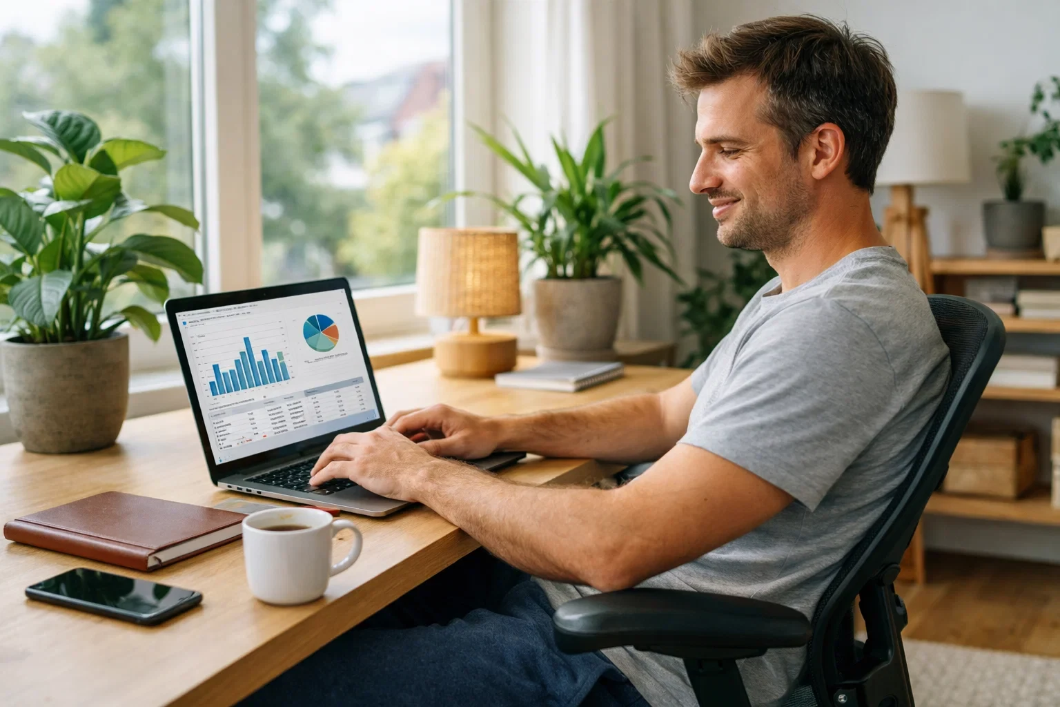 Person arbeitet entspannt aber fokussiert im modernen Home Office