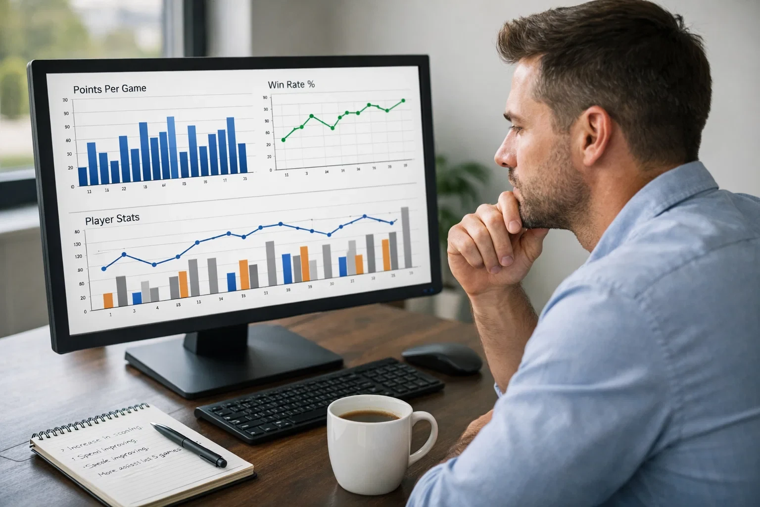 Datenanalyst untersucht Sportstatistiken am Computer