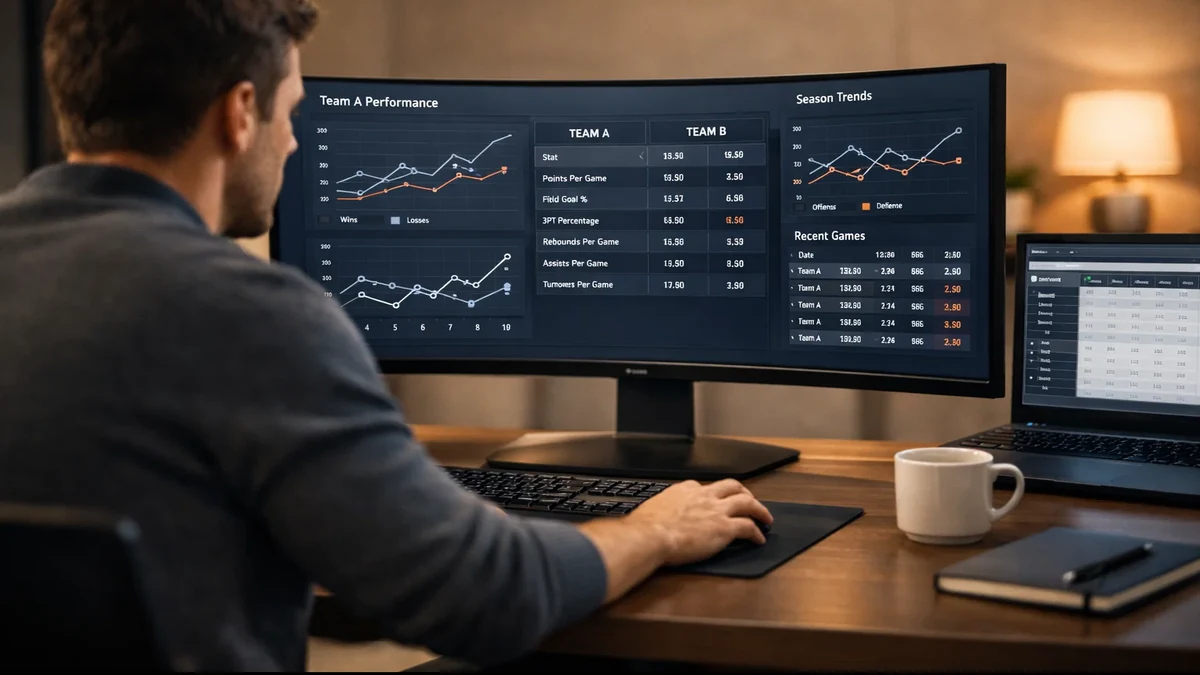 Professioneller Arbeitsplatz mit Datenanalyse auf großem Monitor