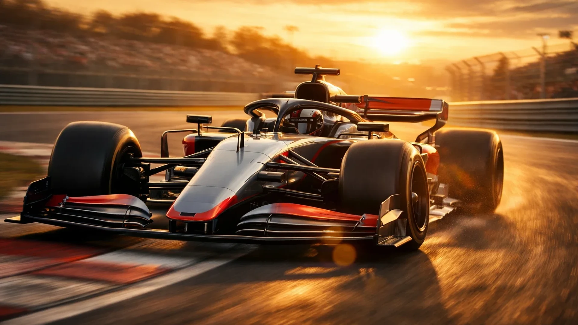 Formel 1 Rennwagen bei Hochgeschwindigkeit auf der Rennstrecke bei Sonnenuntergang - F1 Wetten Guide