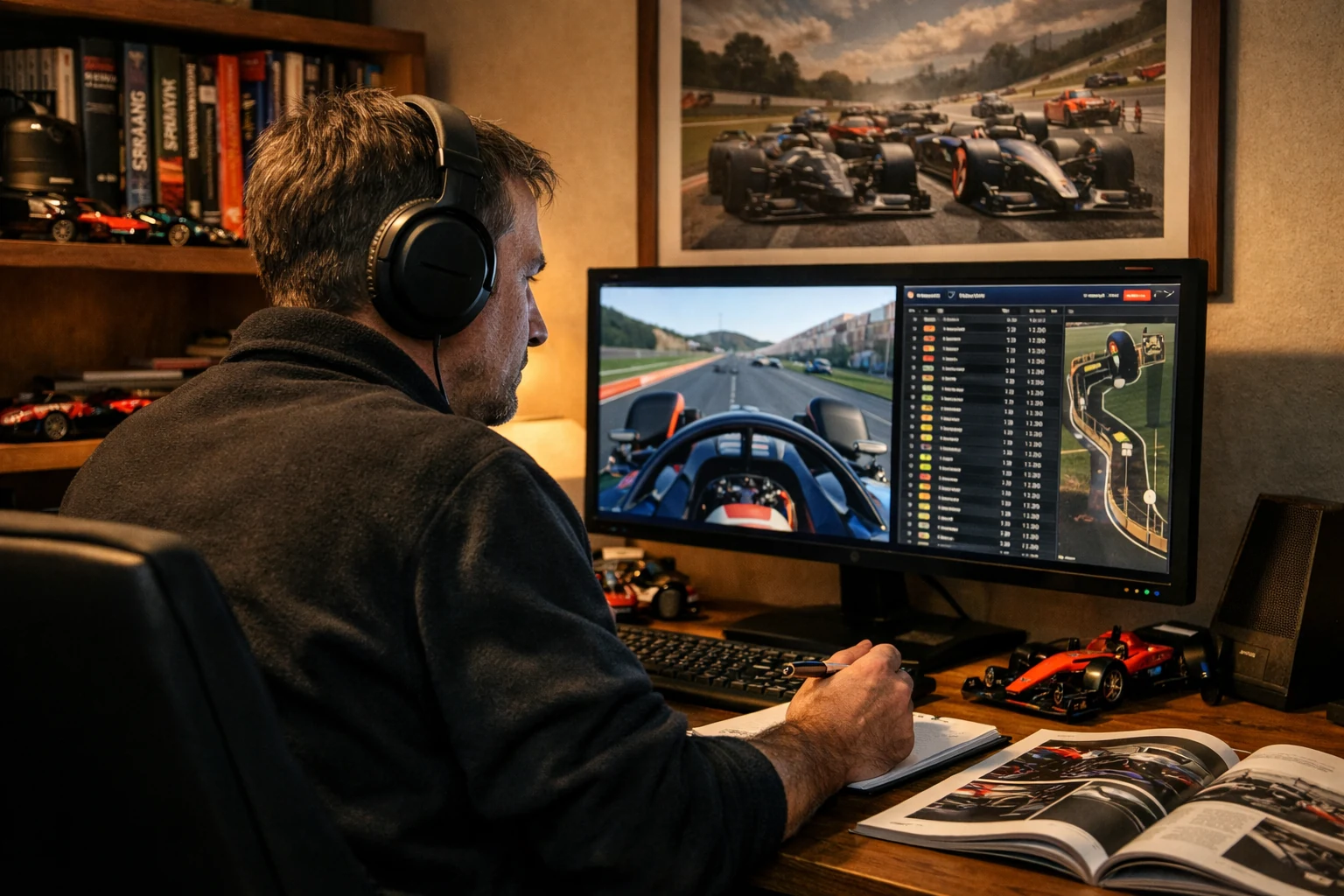 Motorsport-Enthusiast mit Formel 1 Materialien am Schreibtisch