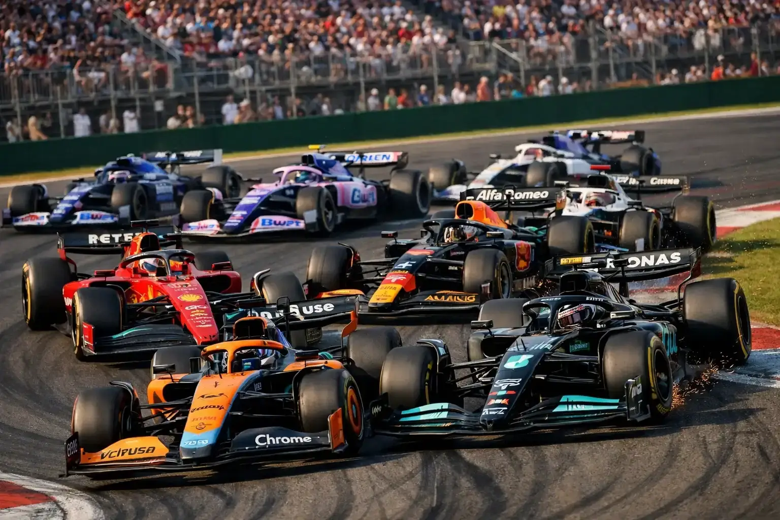 Formel 1 Wagen verschiedener Teams kämpfen um Positionen