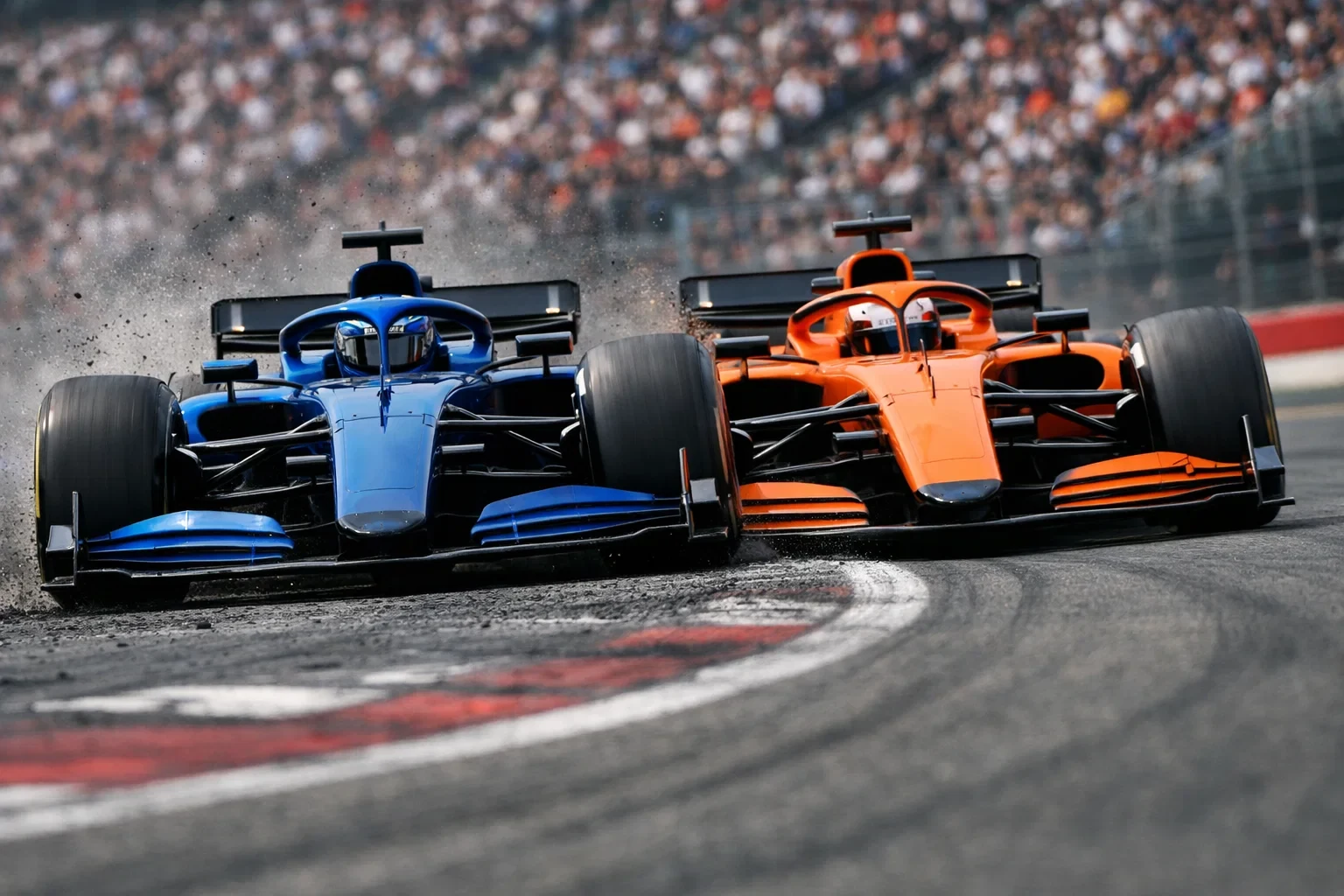 Spannendes Überholmanöver zweier Formel 1 Wagen im direkten Zweikampf auf der Rennstrecke