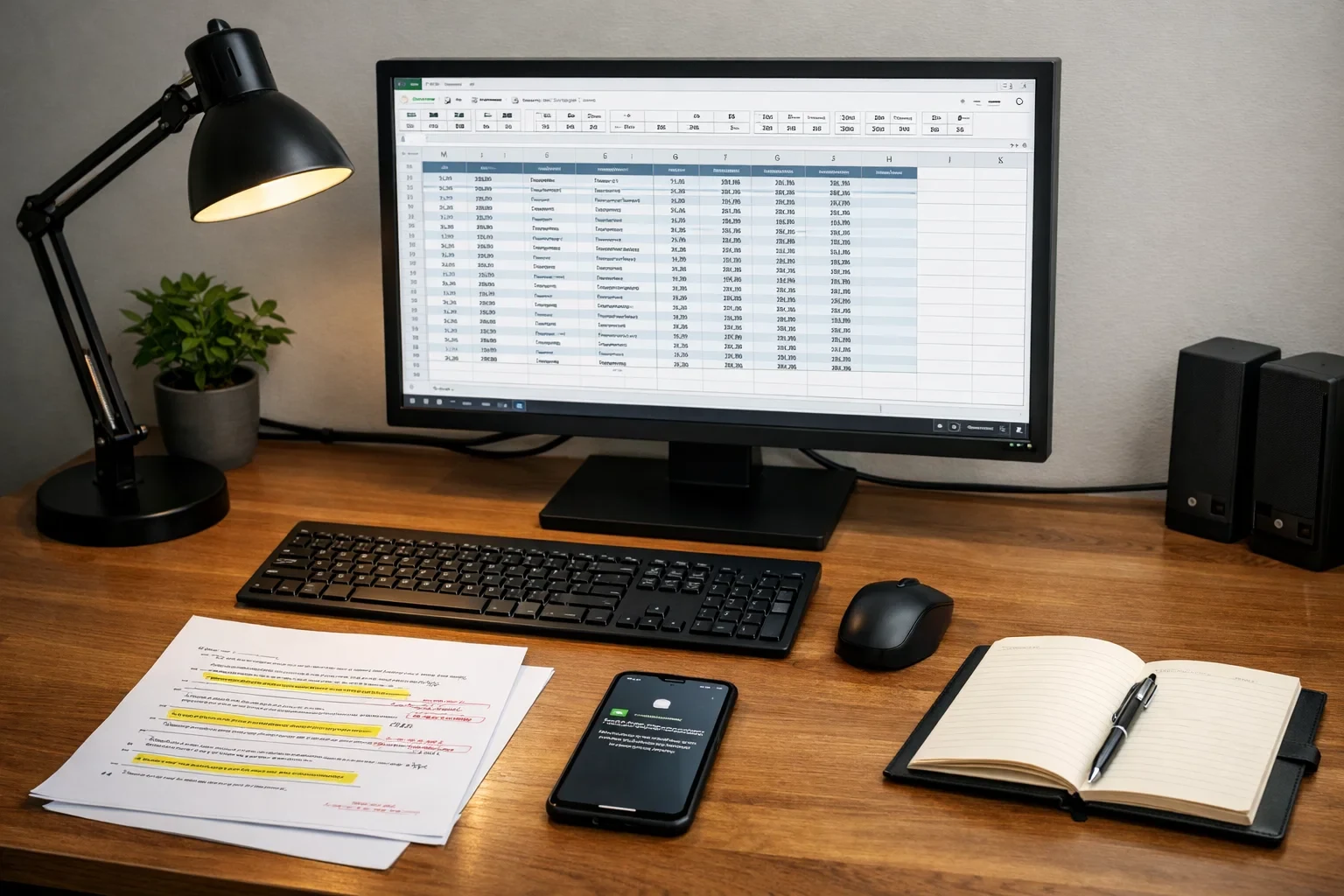 Organisierter Arbeitsplatz für analytische Arbeit mit Computer