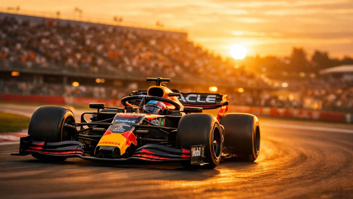 Formel 1 Rennwagen auf der Rennstrecke bei Sonnenuntergang
