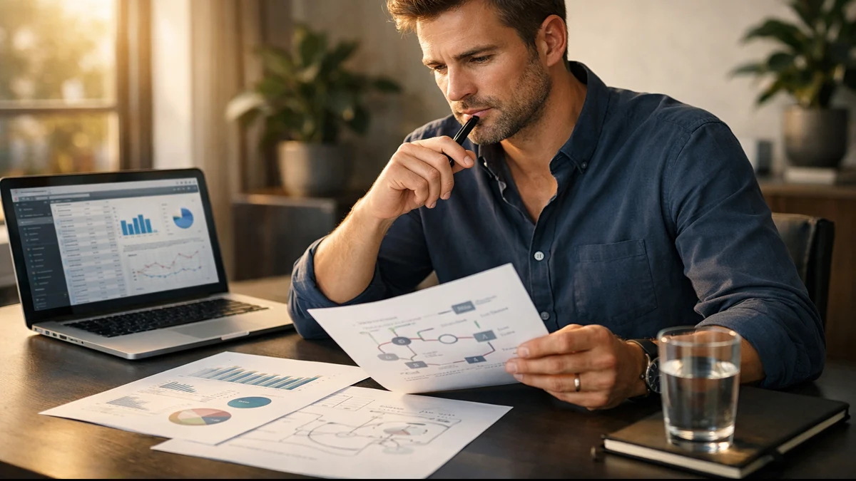Professioneller Analyst arbeitet konzentriert an strategischen Dokumenten