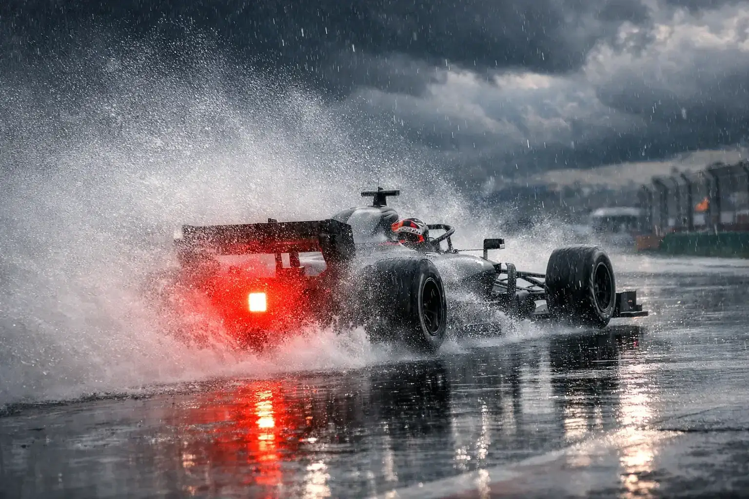 Formel 1 Wagen fährt bei herausfordernden Nassbedingungen